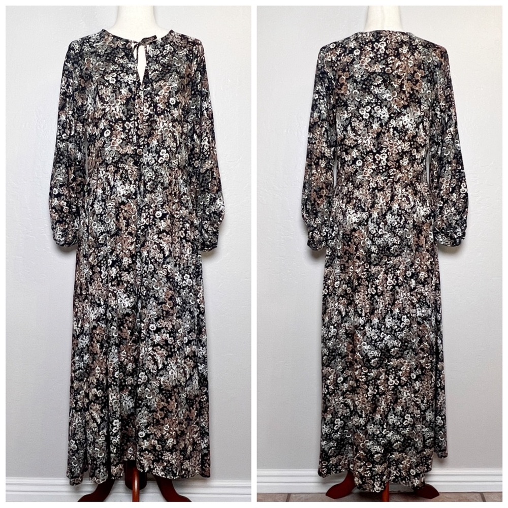 •MIA JOY• Long Sleeve Button Front High Low Midi‎ Dress in Black Floral Size S